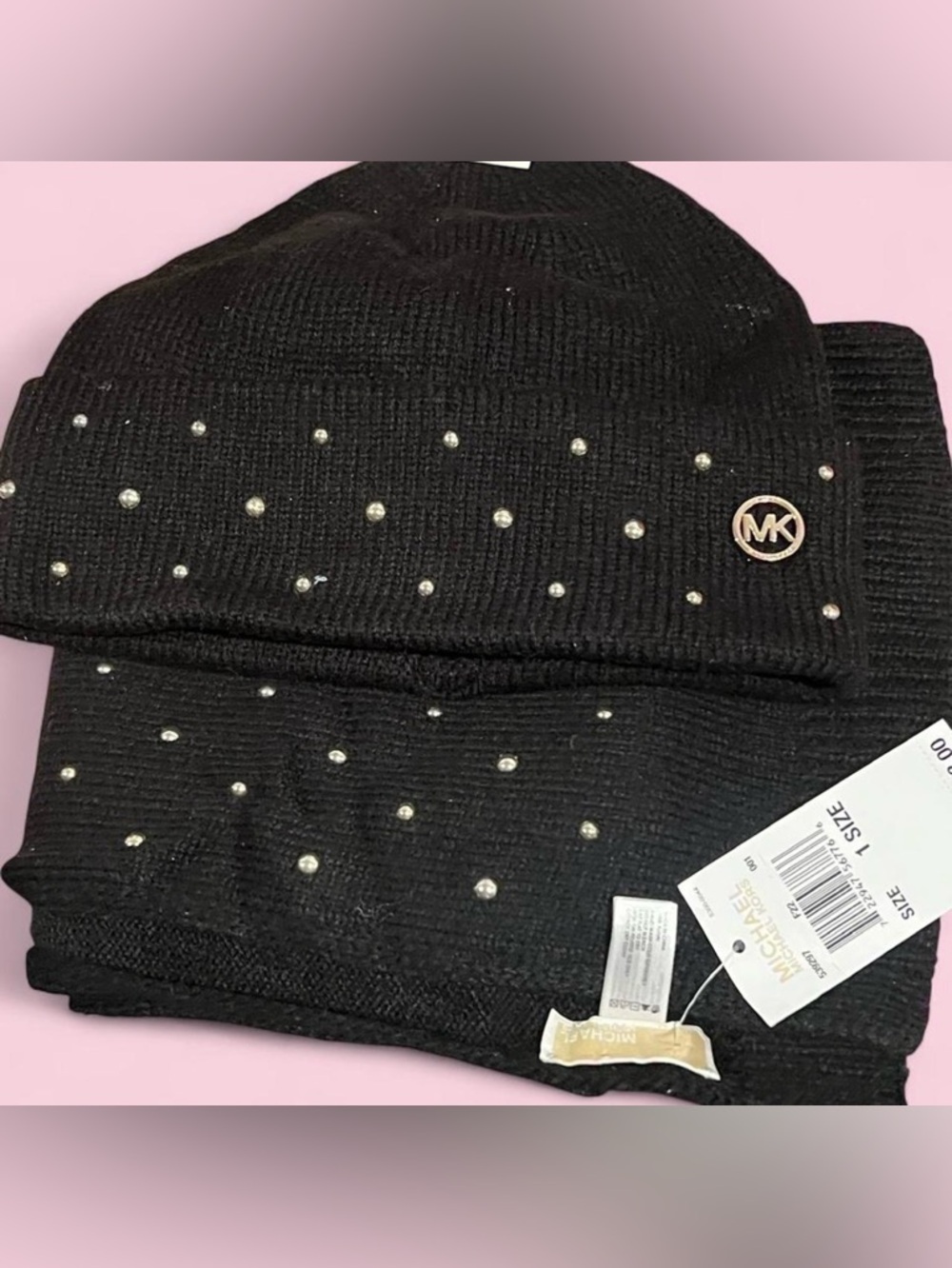 Michael Kors Black Knit Beanie with scarf with Silver Studs nwt